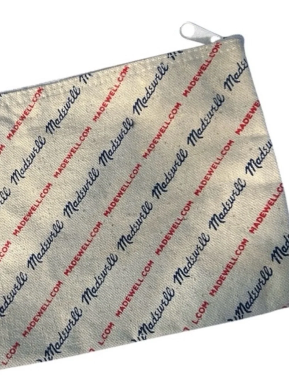 Madewell Cream Canvas Pouch with Red & Navy Logo Script for makeup or anything